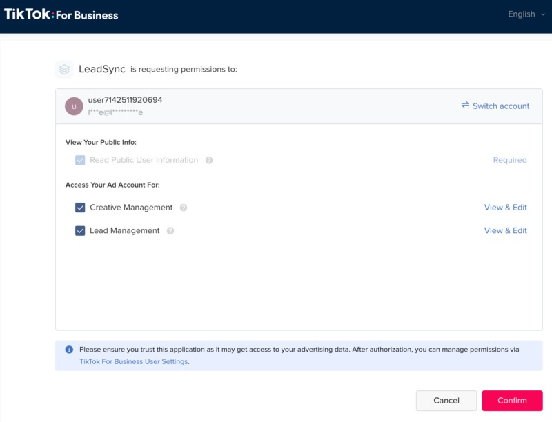 TikTok for business Authorization