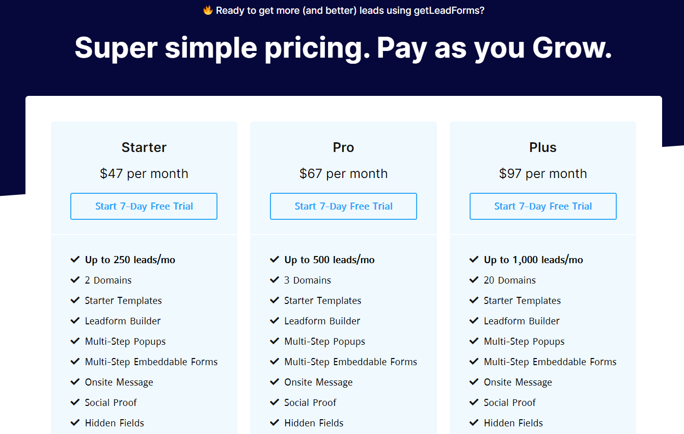 GetLeadForms pricing