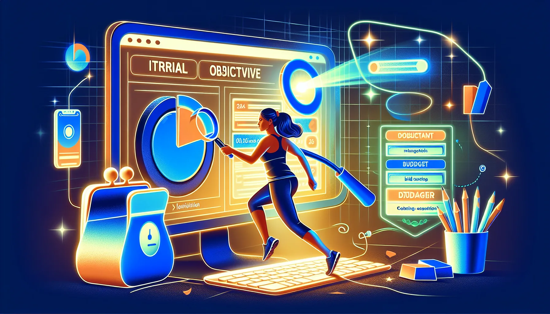 Illustration of a personal trainer setting up a Facebook Lead Ad campaign