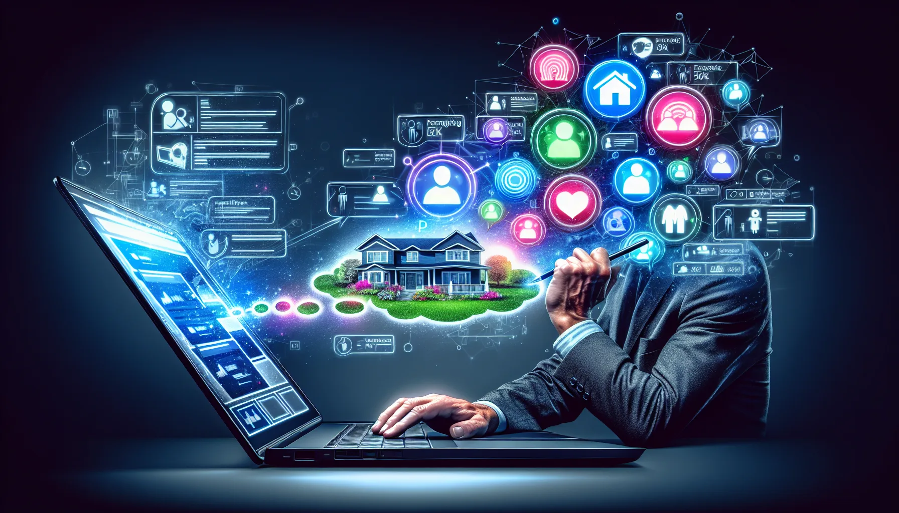 Illustration of a real estate agent using a laptop to manage a Facebook business page