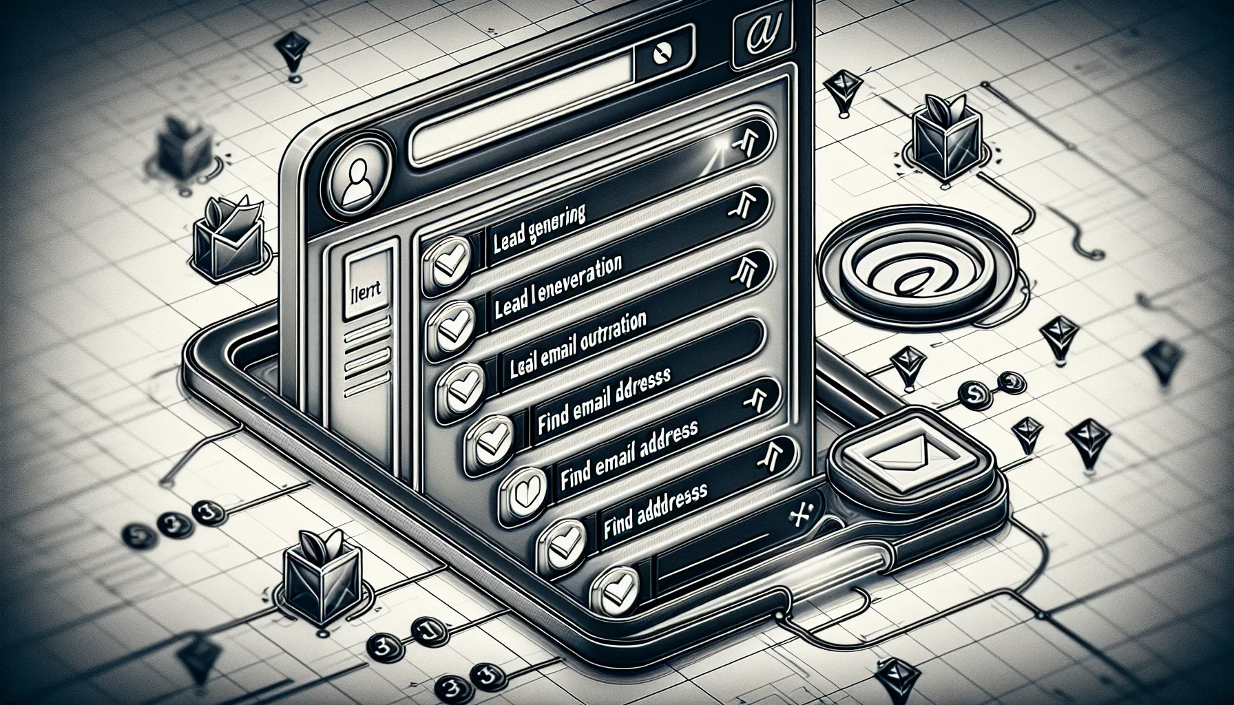 Illustration of a targeted lead list with filter and Chrome extension icons