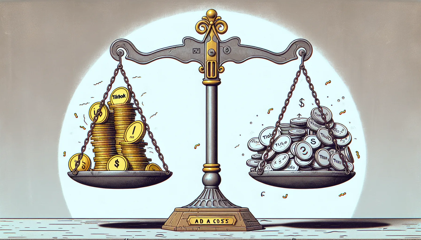 Illustration depicting a scale with TikTok ad costs on one side and Meta ad spend on the other