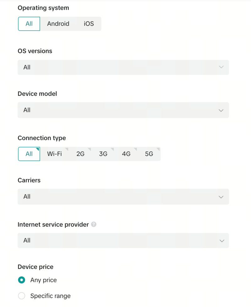 TikTok device targeting options