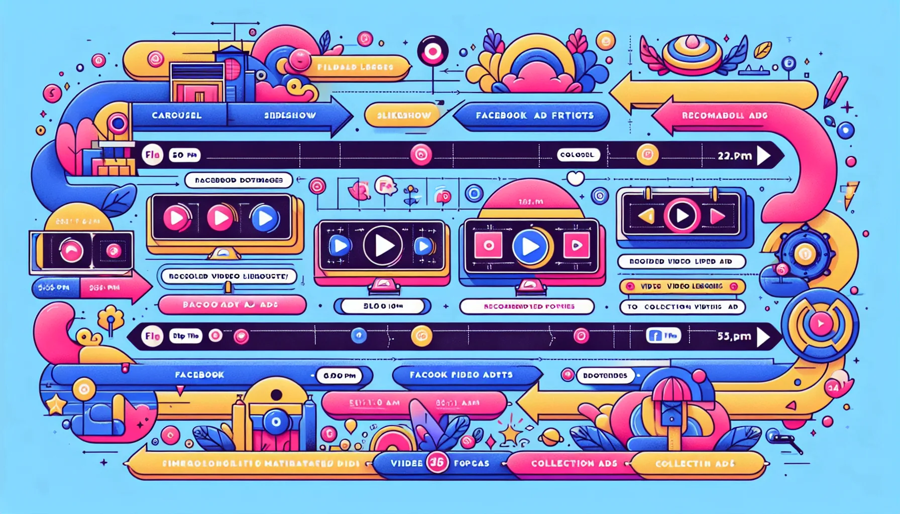 Visual representation of different recommended video lengths for Facebook ad formats.