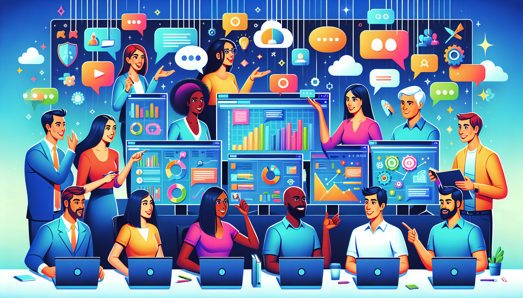 A cartoon illustrating collaboration features in Meta Business Suite.