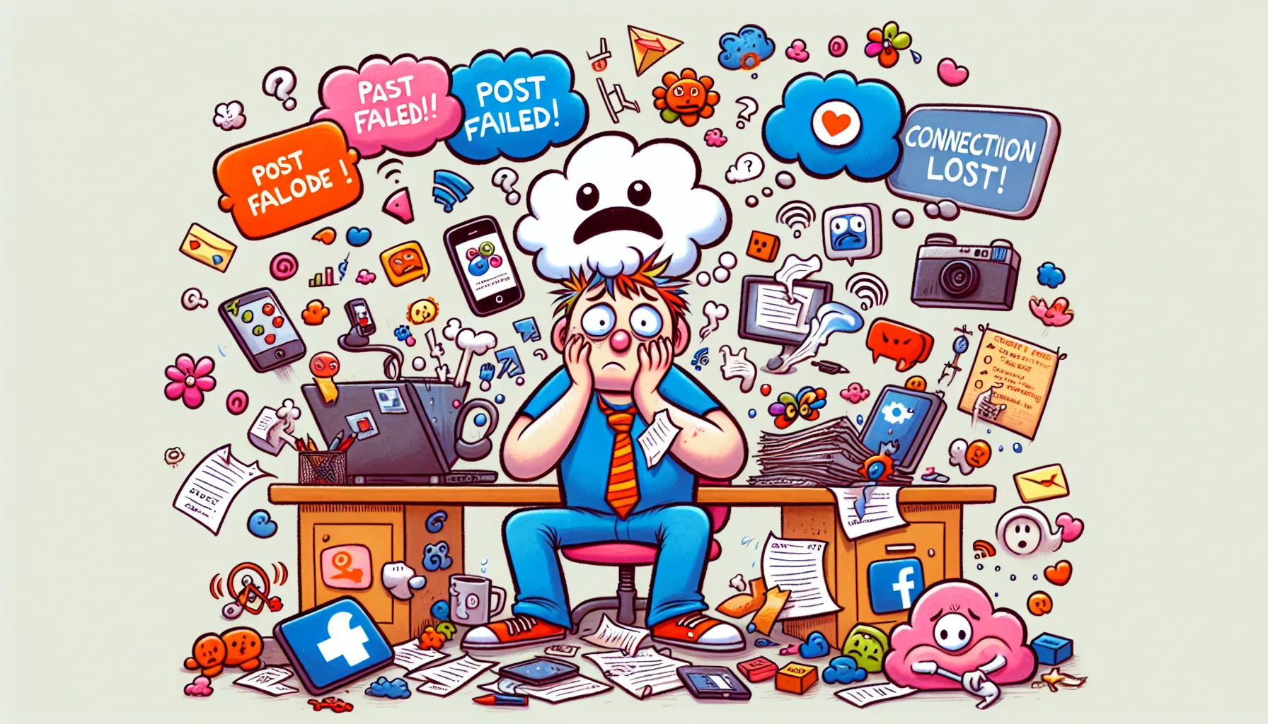 A cartoon showing troubleshooting steps for scheduled Facebook posts.