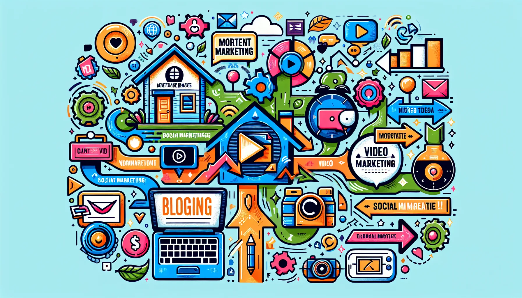 A colorful infographic illustrating content marketing strategies for mortgage brokers.