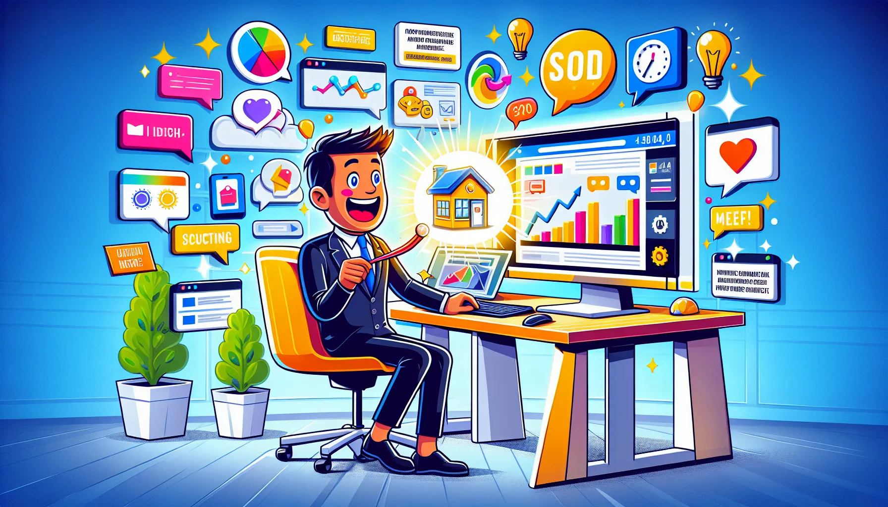 A cartoon showing a mortgage broker using online advertising tools.