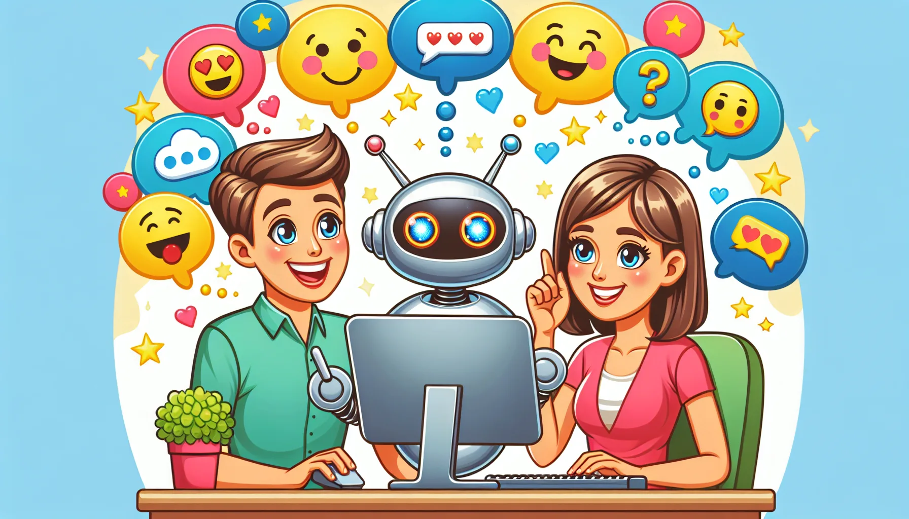 A cartoon illustrating the benefits of AI chatbots for customer support.