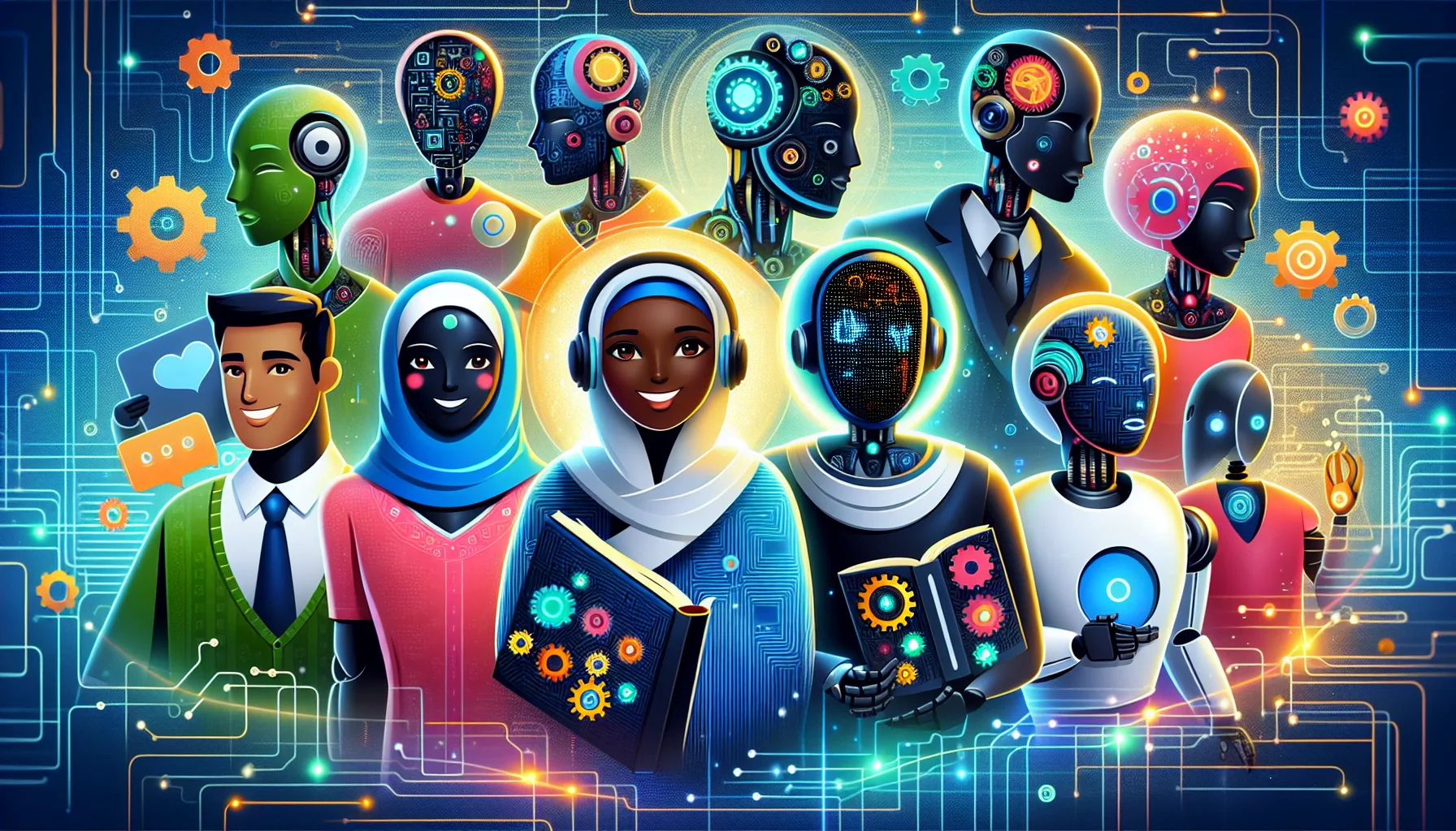 An illustration depicting various AI chatbots interacting with users on a website.