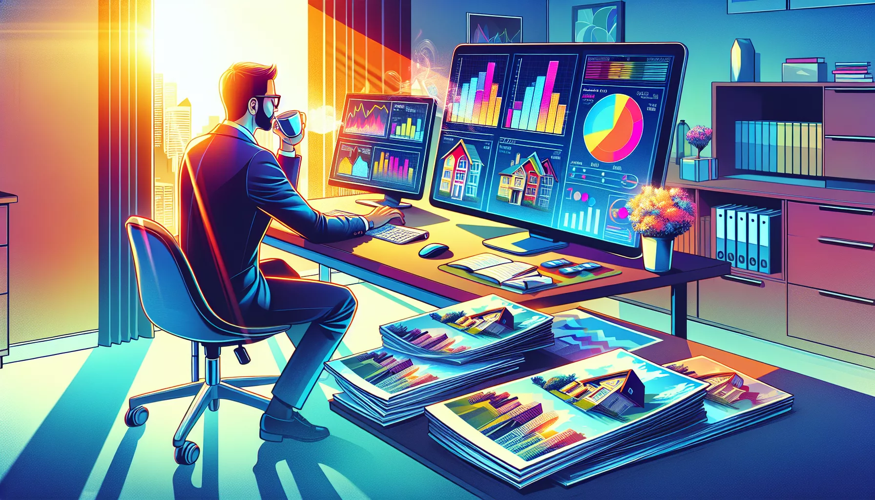 An illustration of a real estate agent analyzing market insights using a CRM tool.