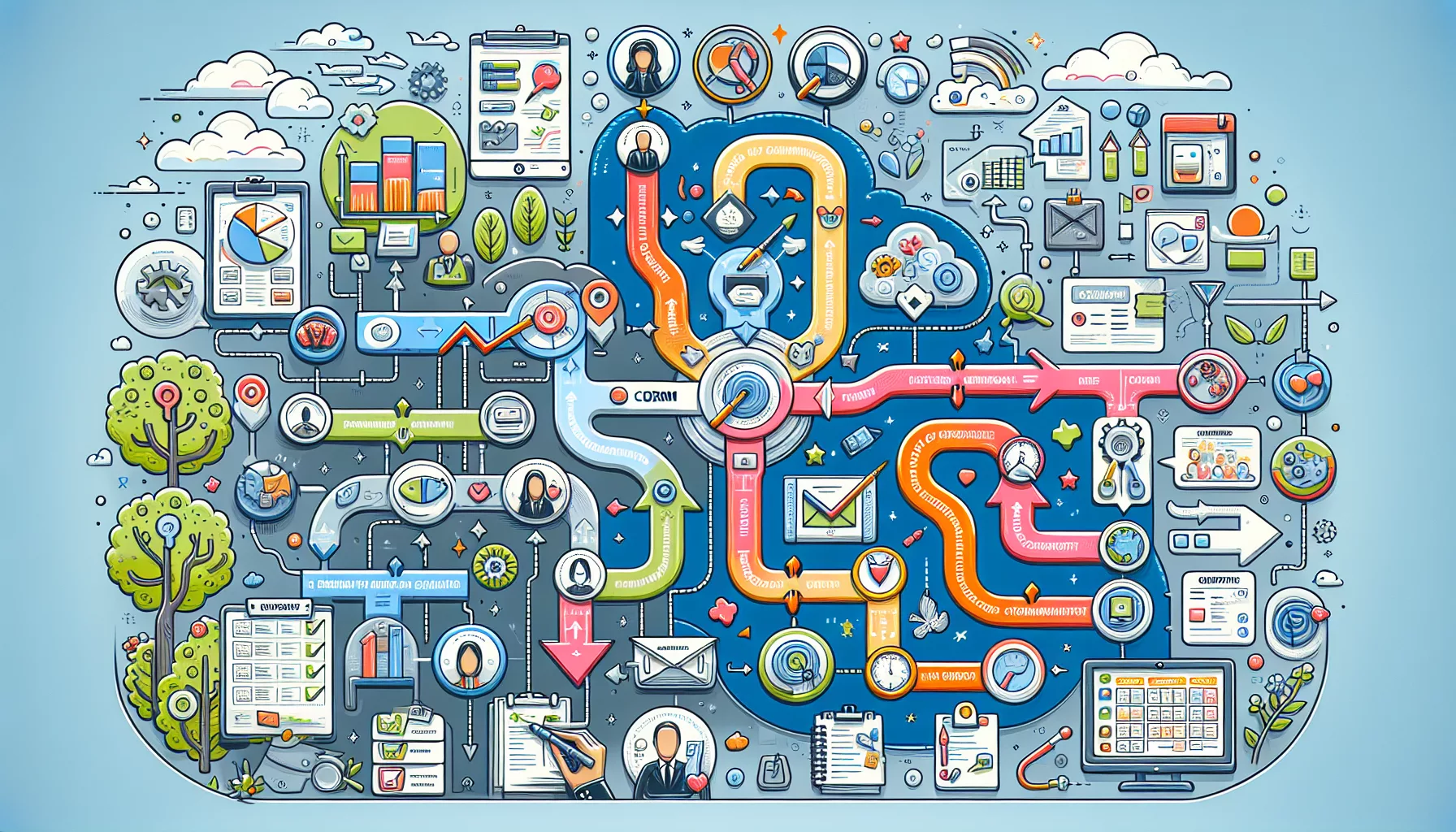 An illustration showing the process of choosing the right CRM for coaching businesses, featuring various options.