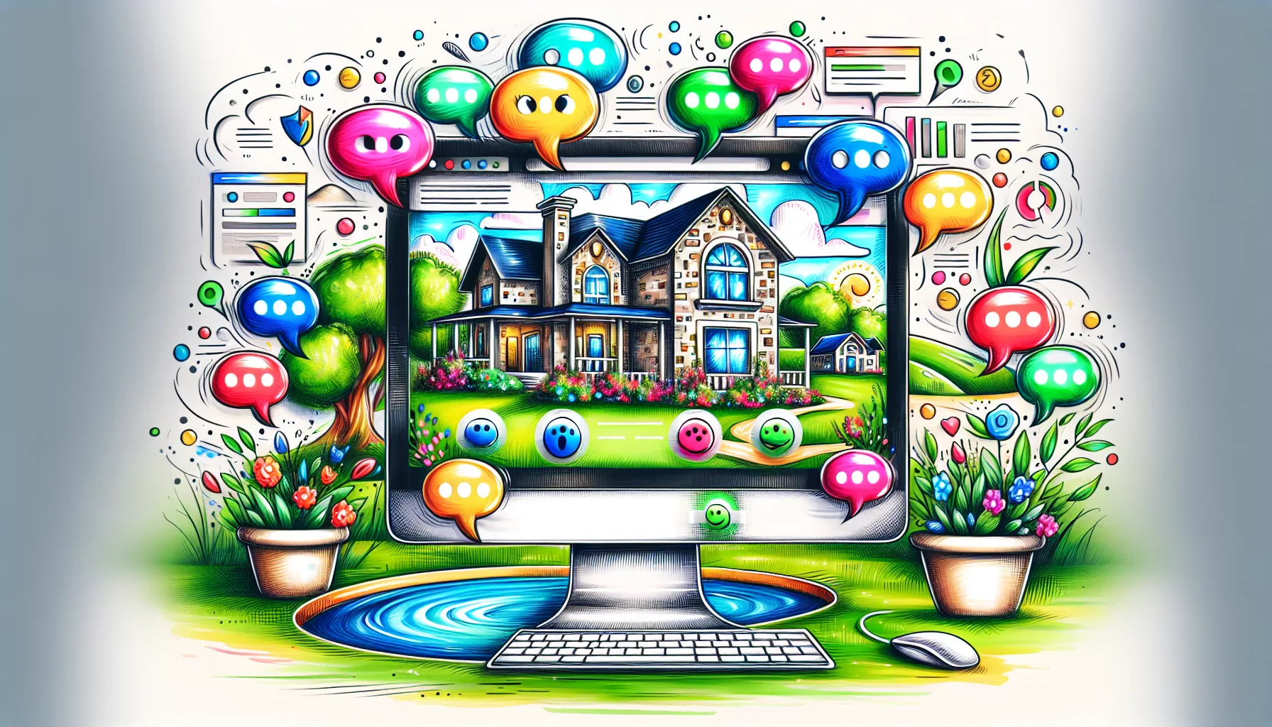 A cartoon showcasing AI chatbots engaging with potential clients on a real estate website.