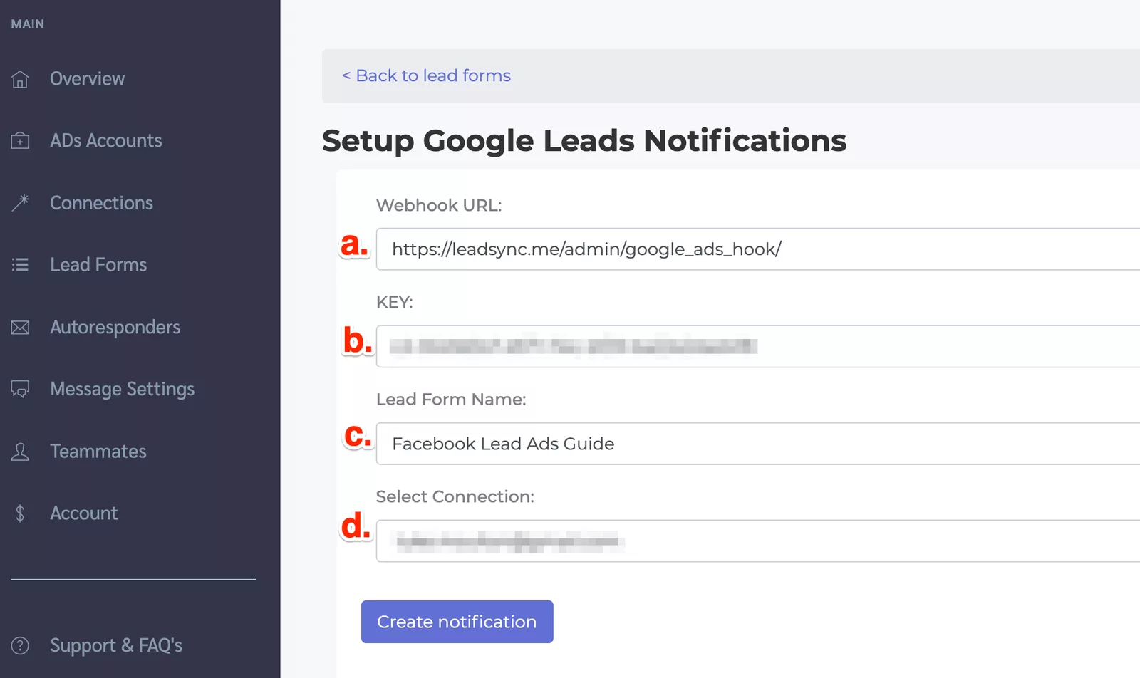 Google lead form settings