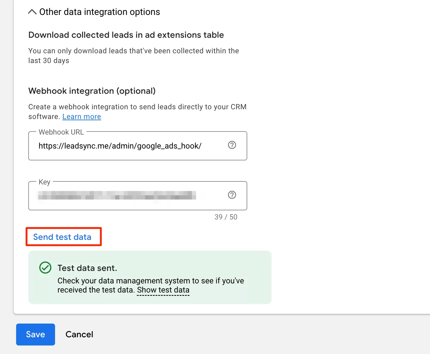 Send Google Leads Test Data