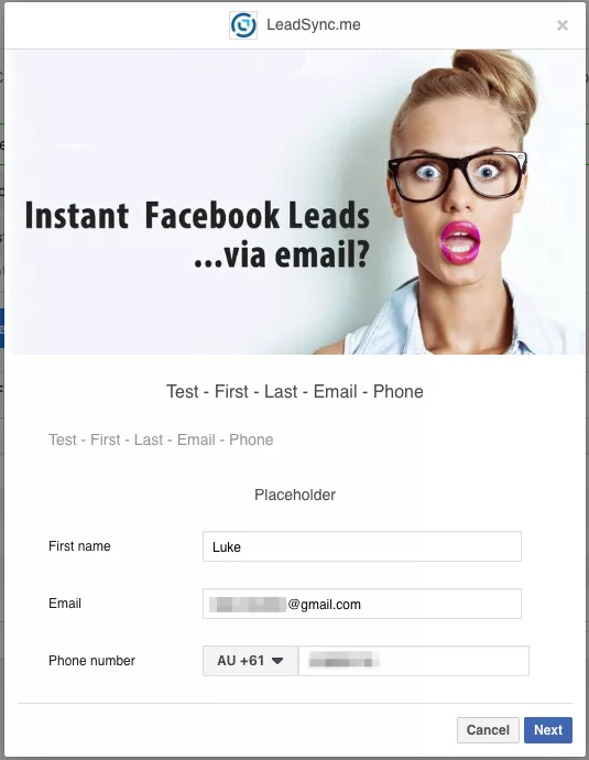 Facebook lead form example