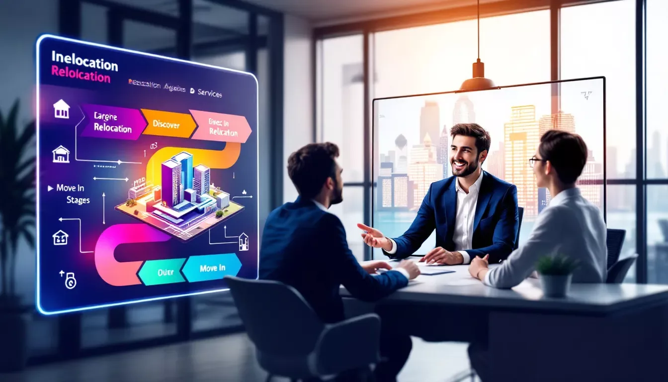 An overview of comprehensive relocation services offered by real estate agents, featuring a consultation scene.