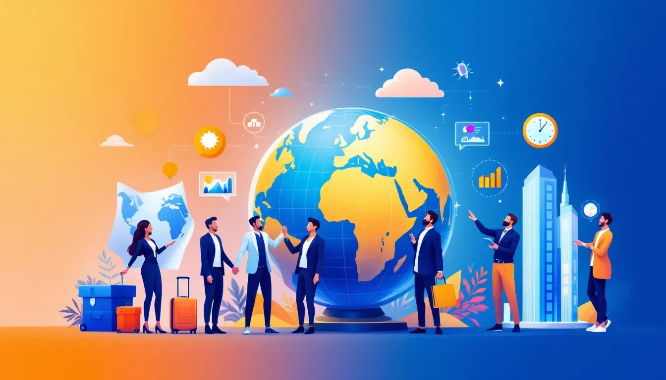 An illustration representing relocation real estate leads, showcasing a diverse group of real estate agents connecting with clients.