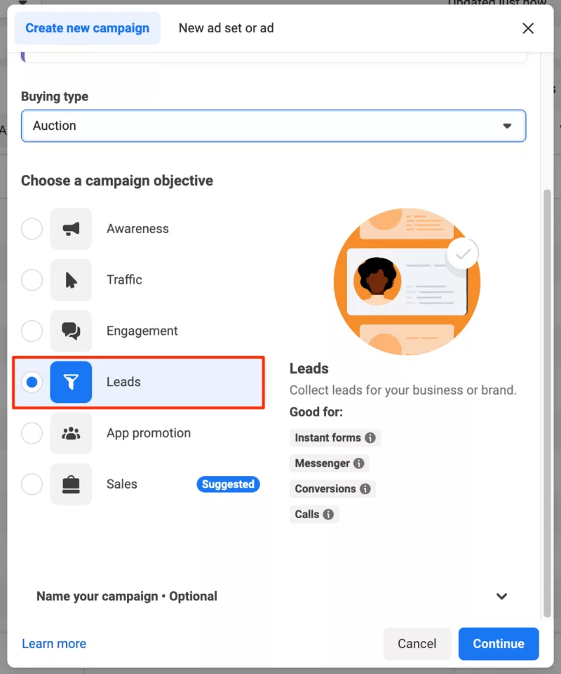 Select Leads as campaign objective in Meta Ads Manager