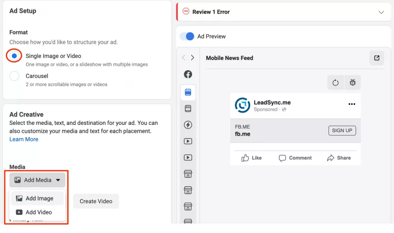 Ad setup - select Facebook Page and Instagram account