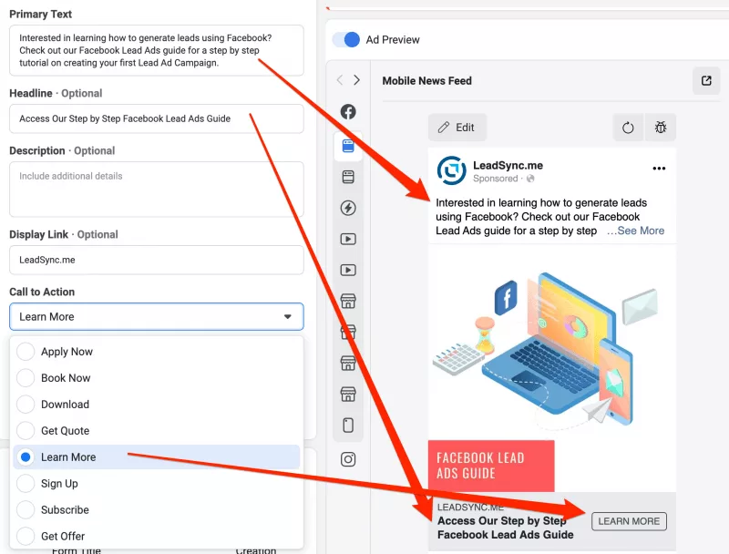 Write primary text, headline, and select call to action