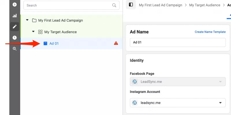 Click on Ad Name to start creating your Facebook lead ad