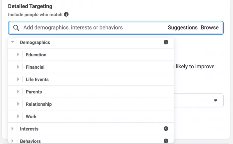 Detailed targeting options for demographics, interests, and behaviors