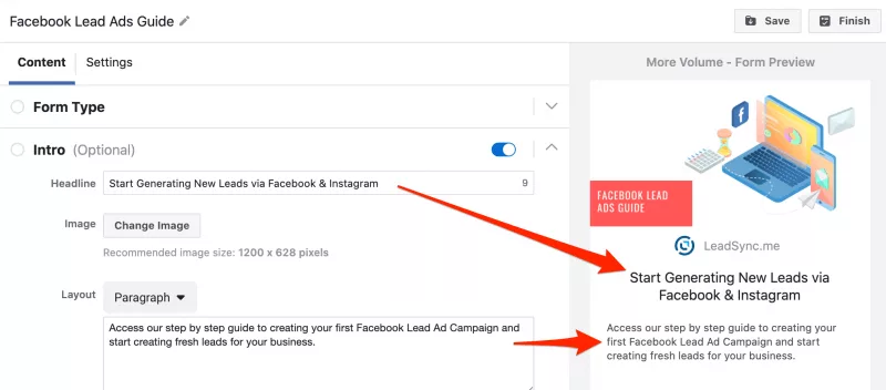 Add intro headline and description to lead form