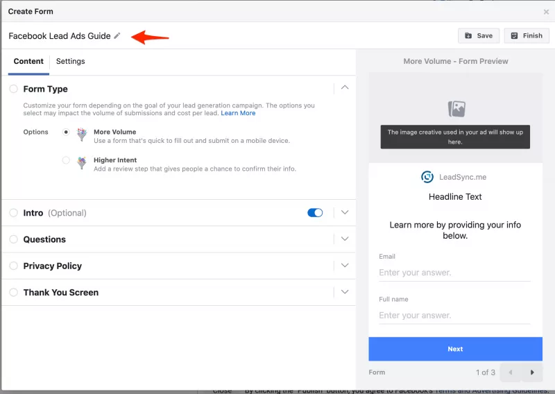 Create a new Facebook lead form in Ads Manager