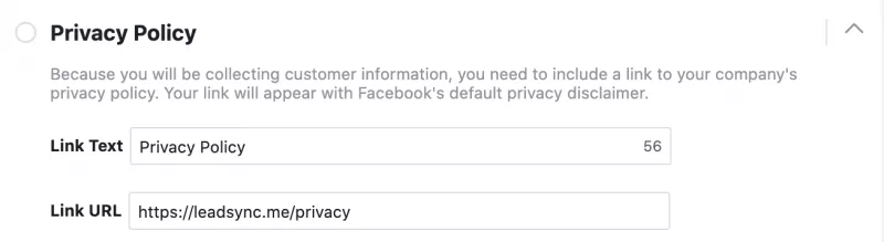 Add privacy policy link to Facebook lead form