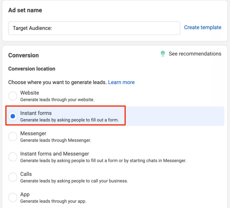 Select Instant Forms as conversion location