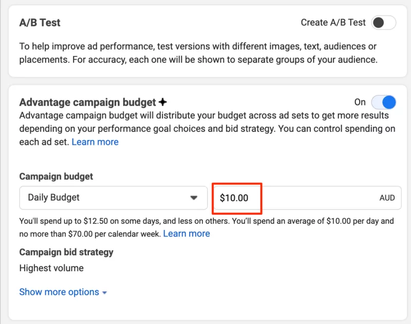 Set campaign name and daily budget in Ads Manager