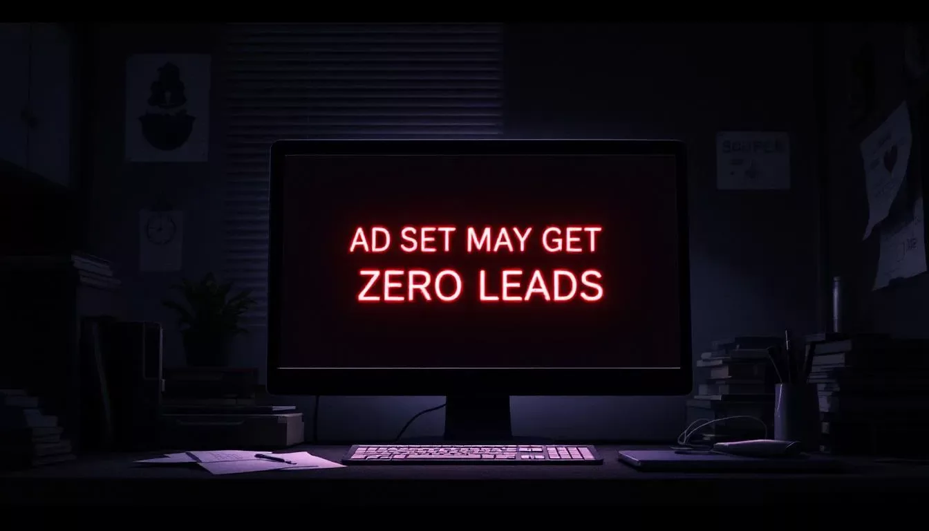 An illustration showing an ad set may get zero leads error message on a digital screen.
