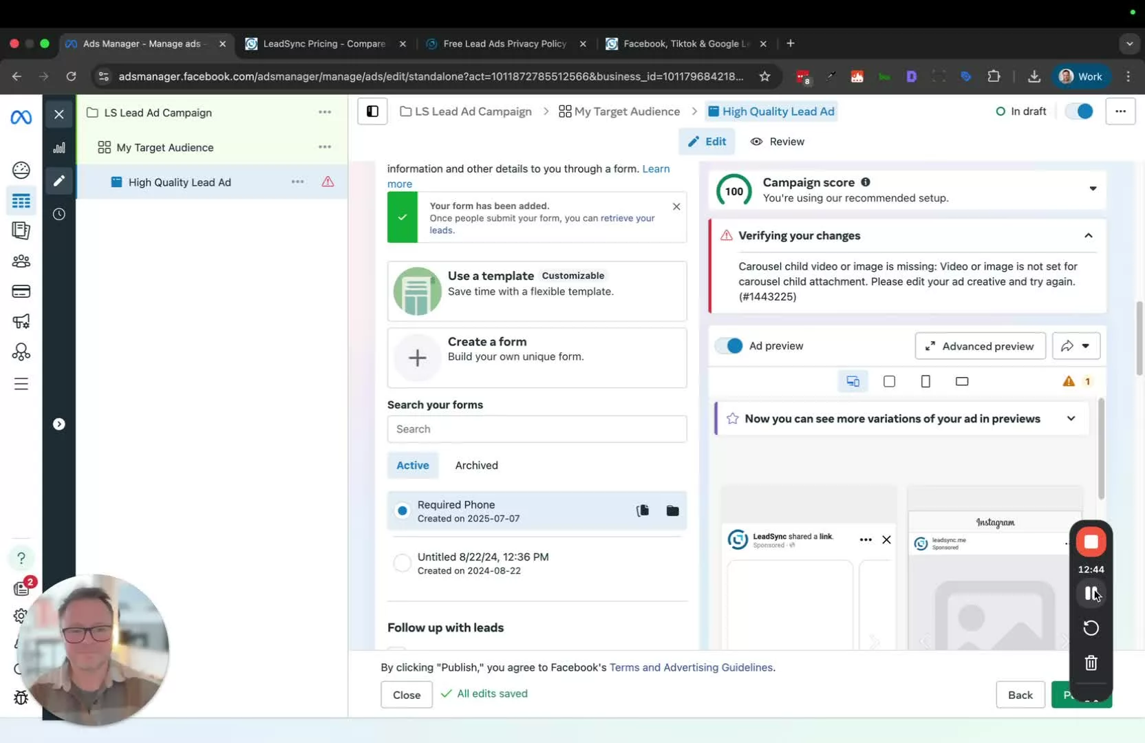Facebook lead form thank you message and completion settings