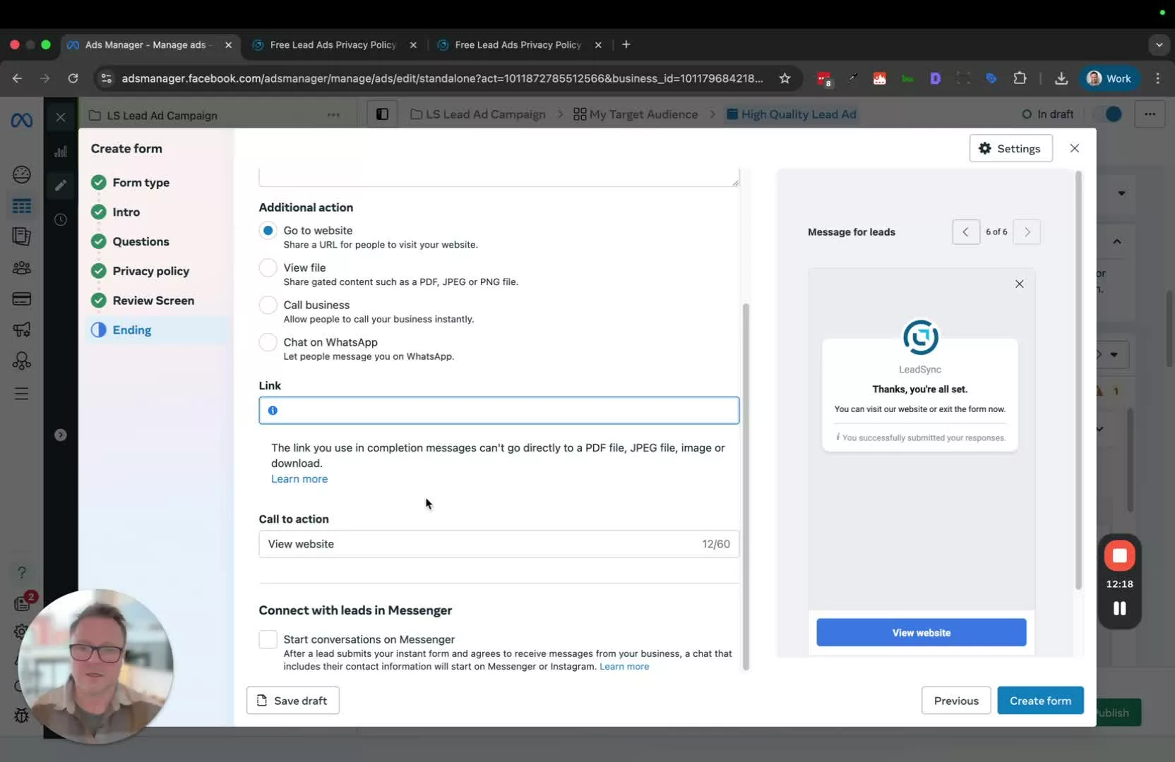 Facebook lead form privacy policy and review screen setup
