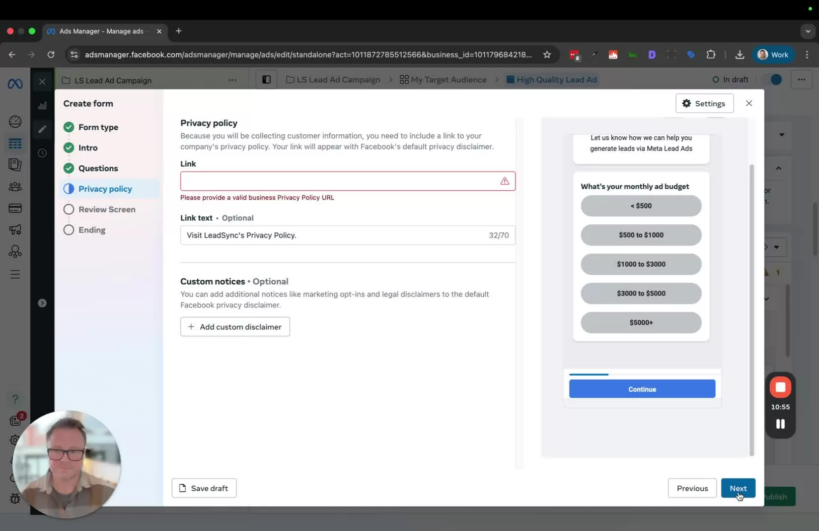 Facebook lead form mandatory fields first name email phone