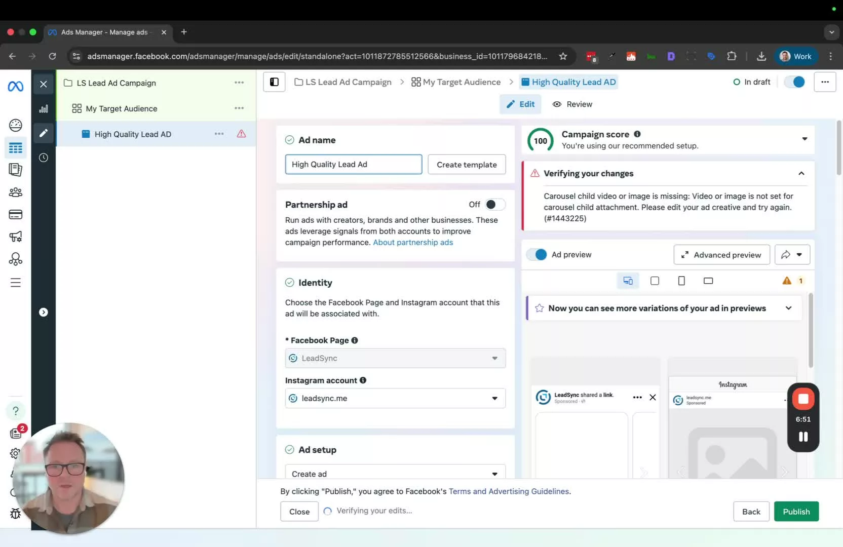 Creating Facebook lead ad with high intent form setting