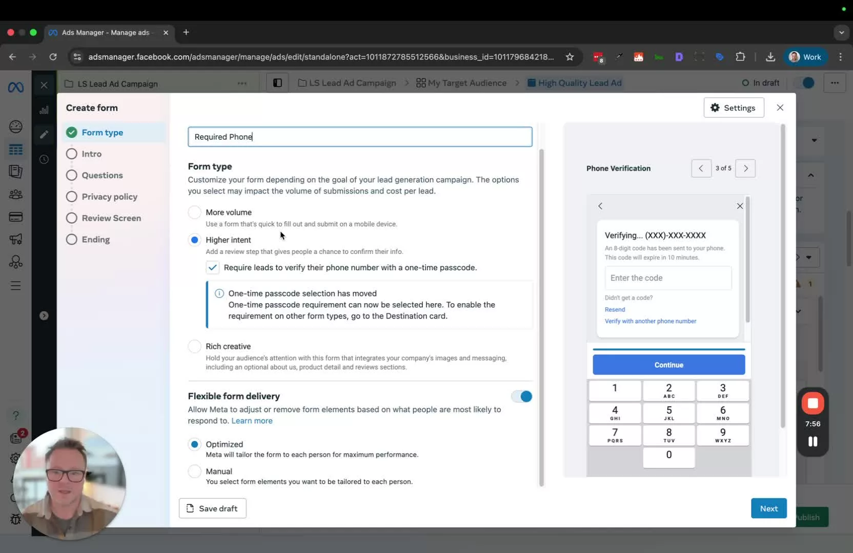 Facebook lead form setup with phone number verification