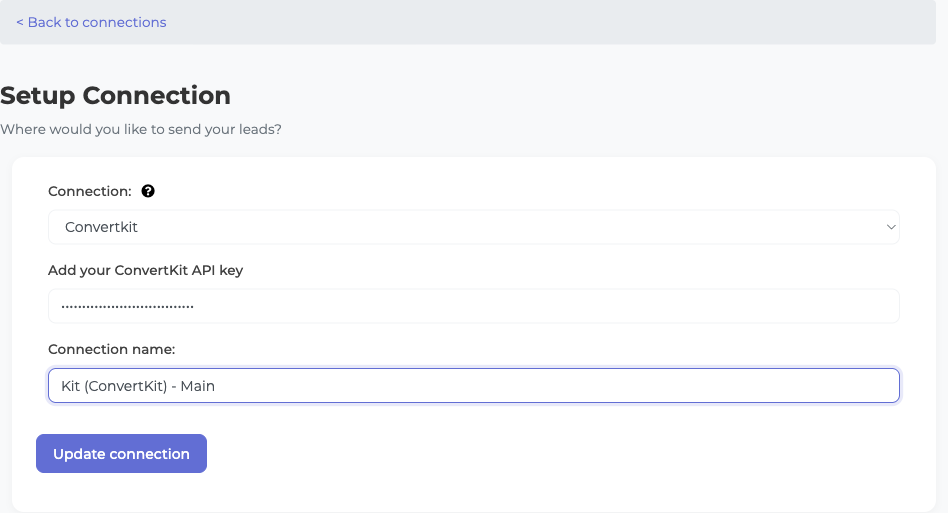 LeadSync connection form with API key field