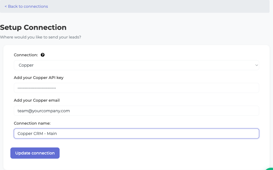 LeadSync Copper connection form