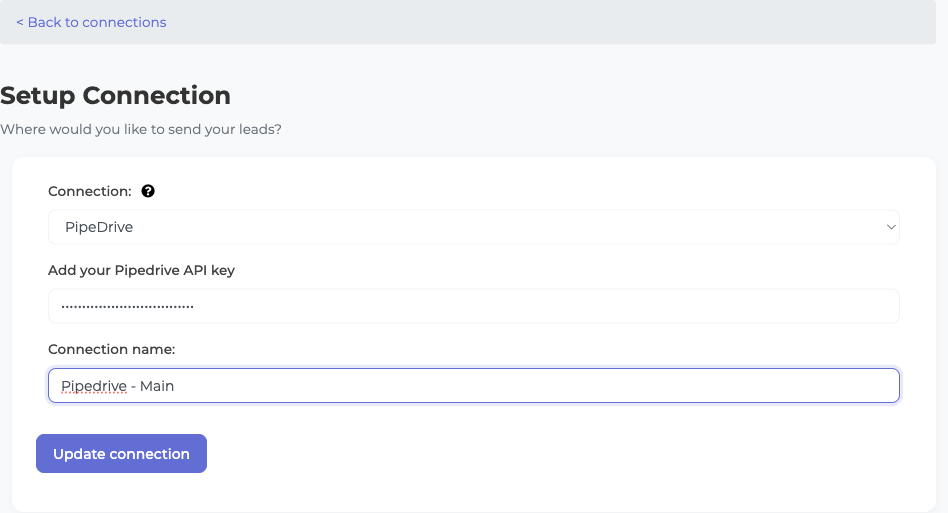 LeadSync Pipedrive connection form with API key field