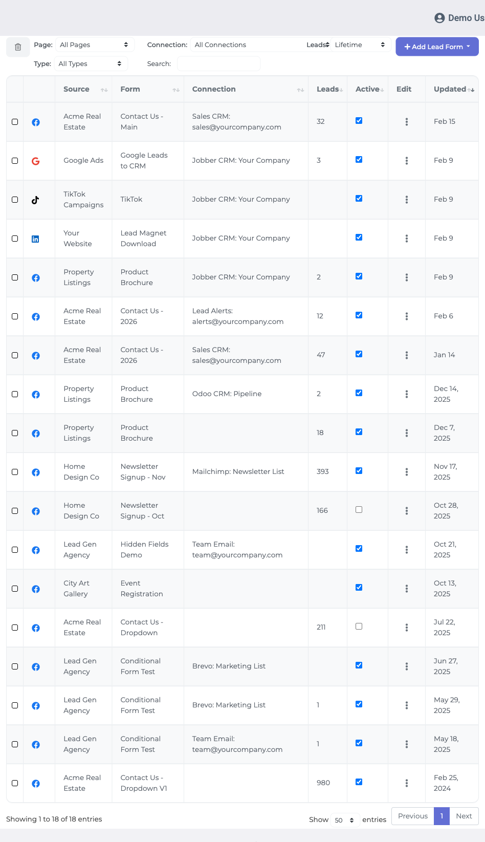 LeadSync Lead Forms page with Add Facebook Lead Form button