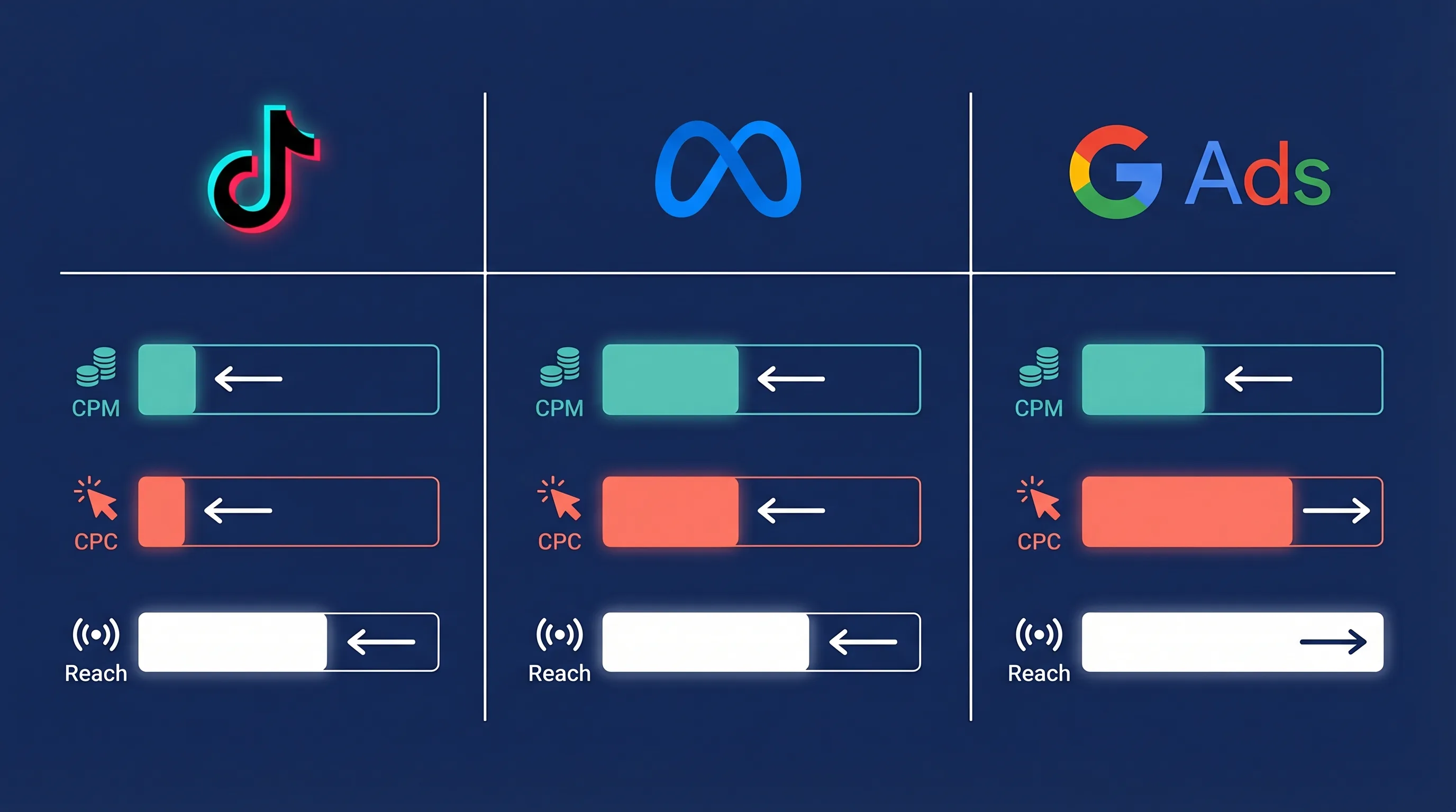 TikTok vs Meta vs Google Ads — CPM, CPC, and reach comparison