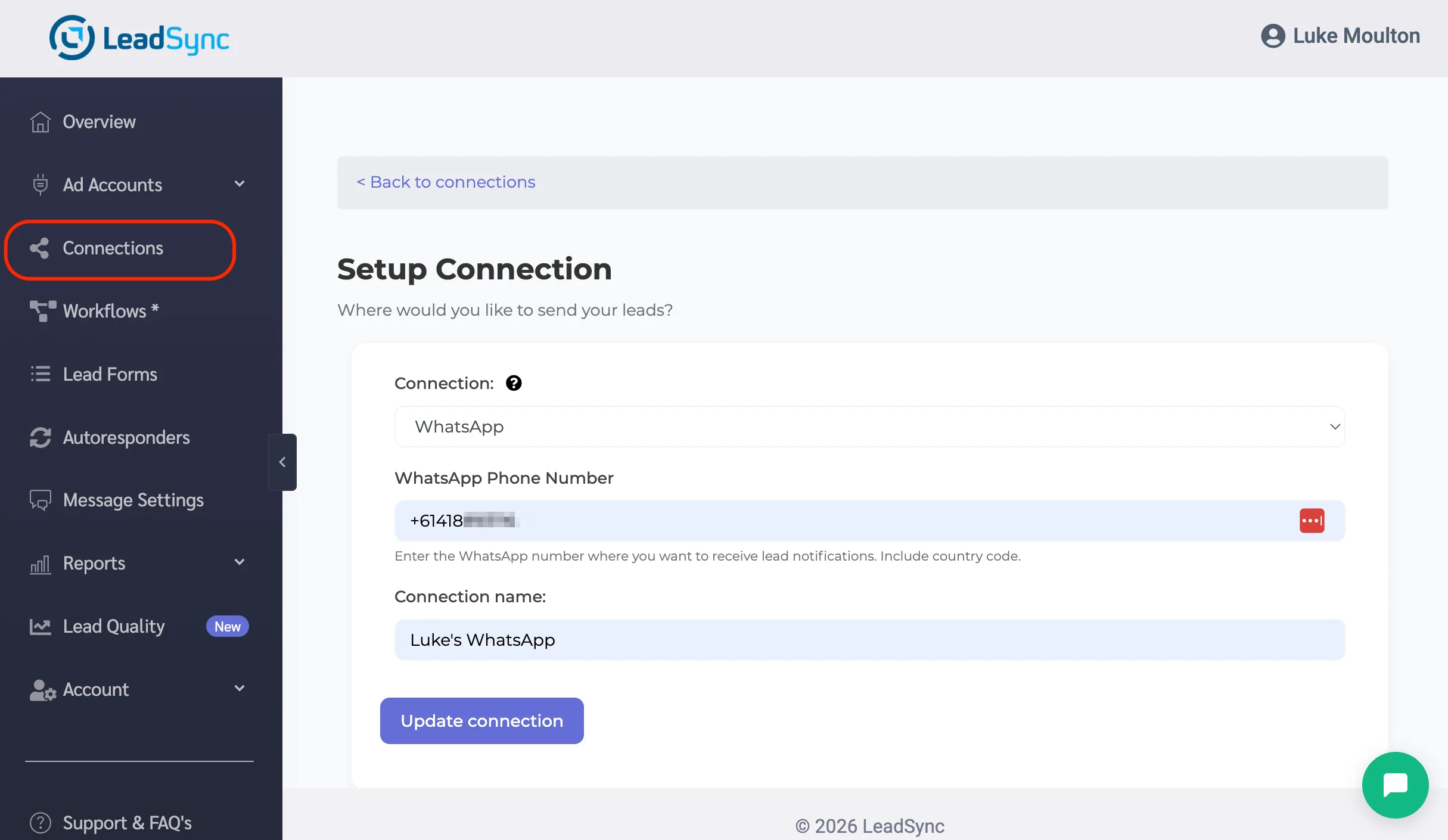 WhatsApp connection setup in LeadSync