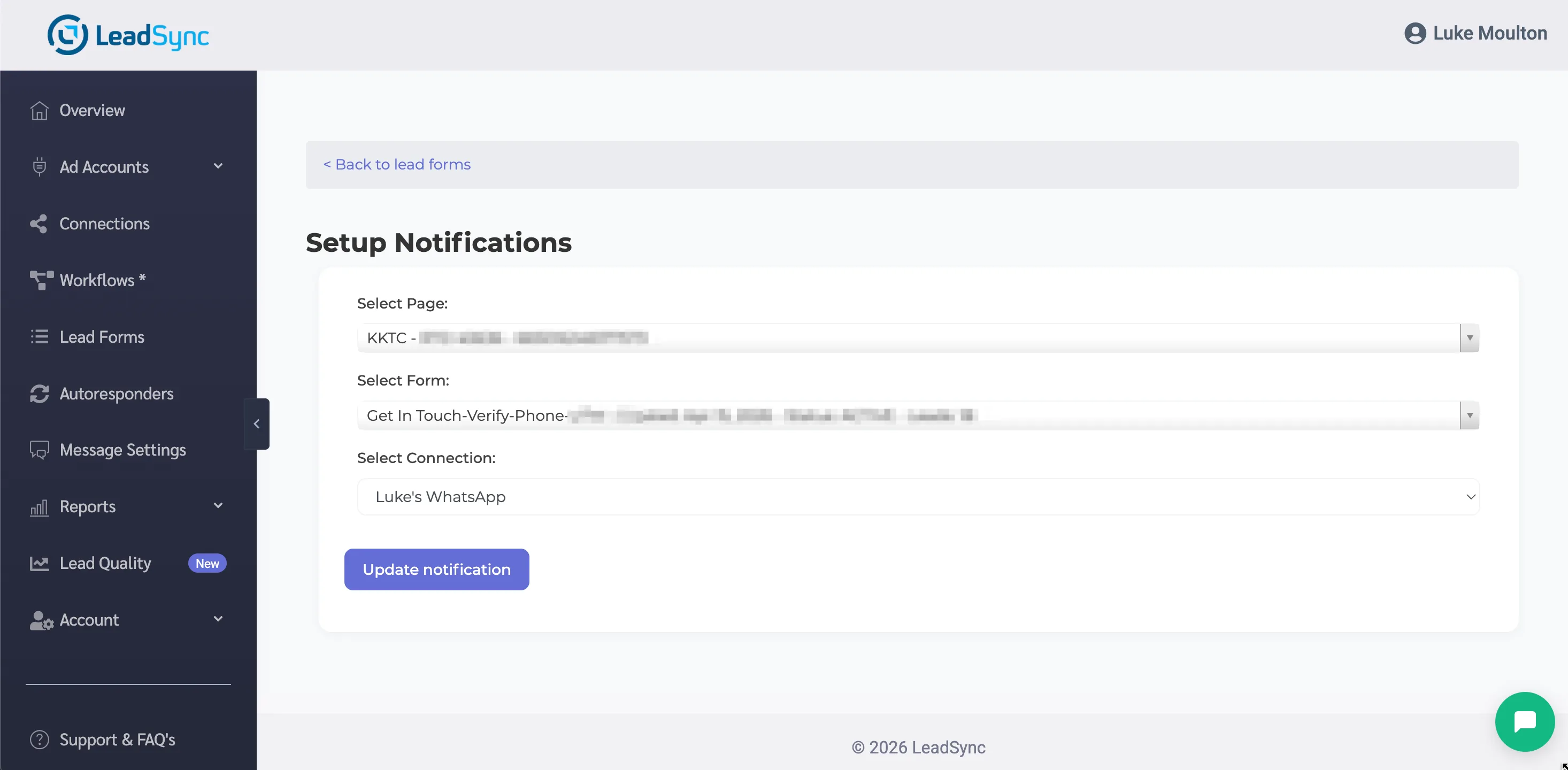 Attaching WhatsApp connection to a Meta lead form