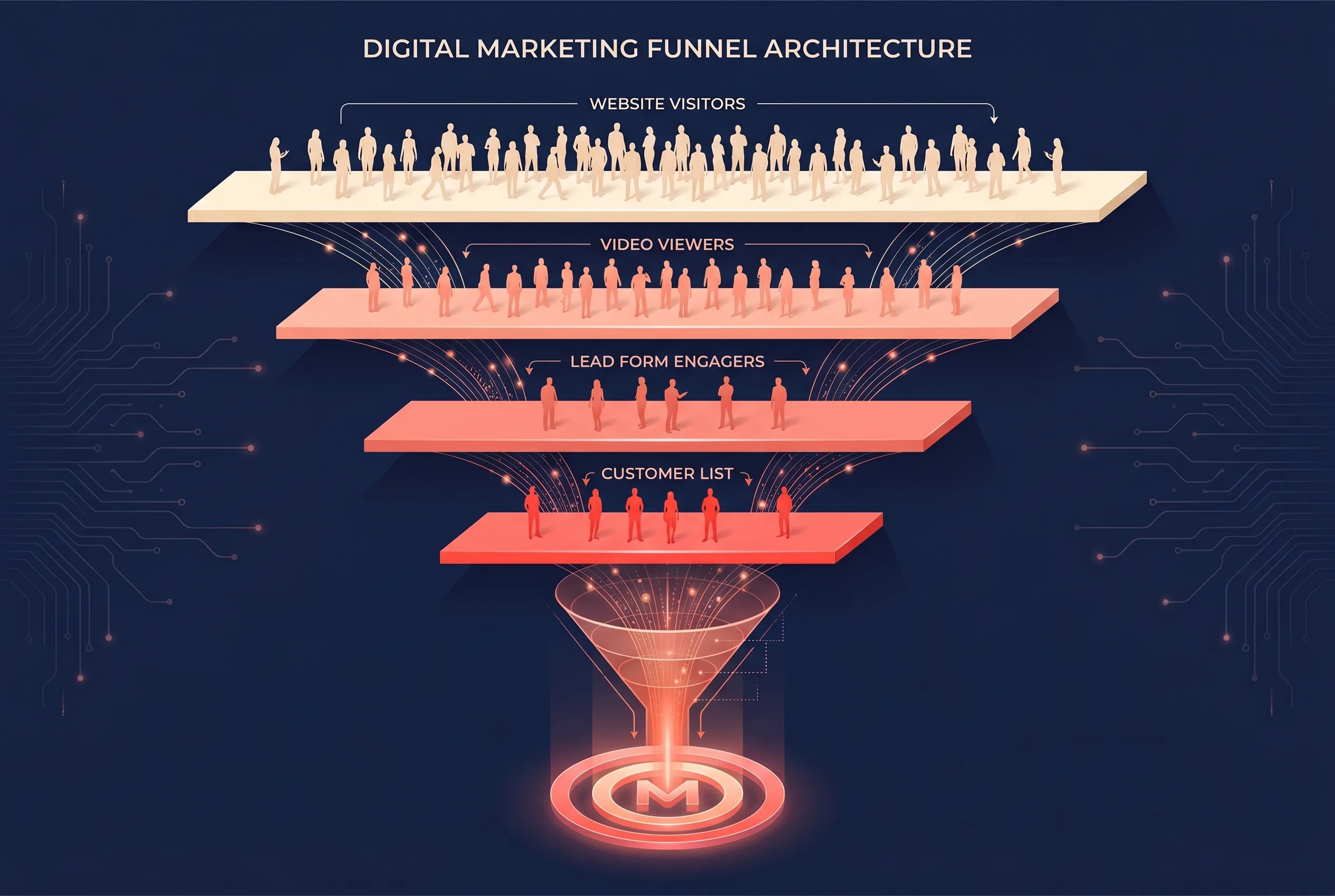 Layered retargeting funnel diagram showing four audience sources — Website Visitors, Video Viewers, Lead Form Engagers, and Customer List — converging into a single retargeting funnel that targets a Meta audience.