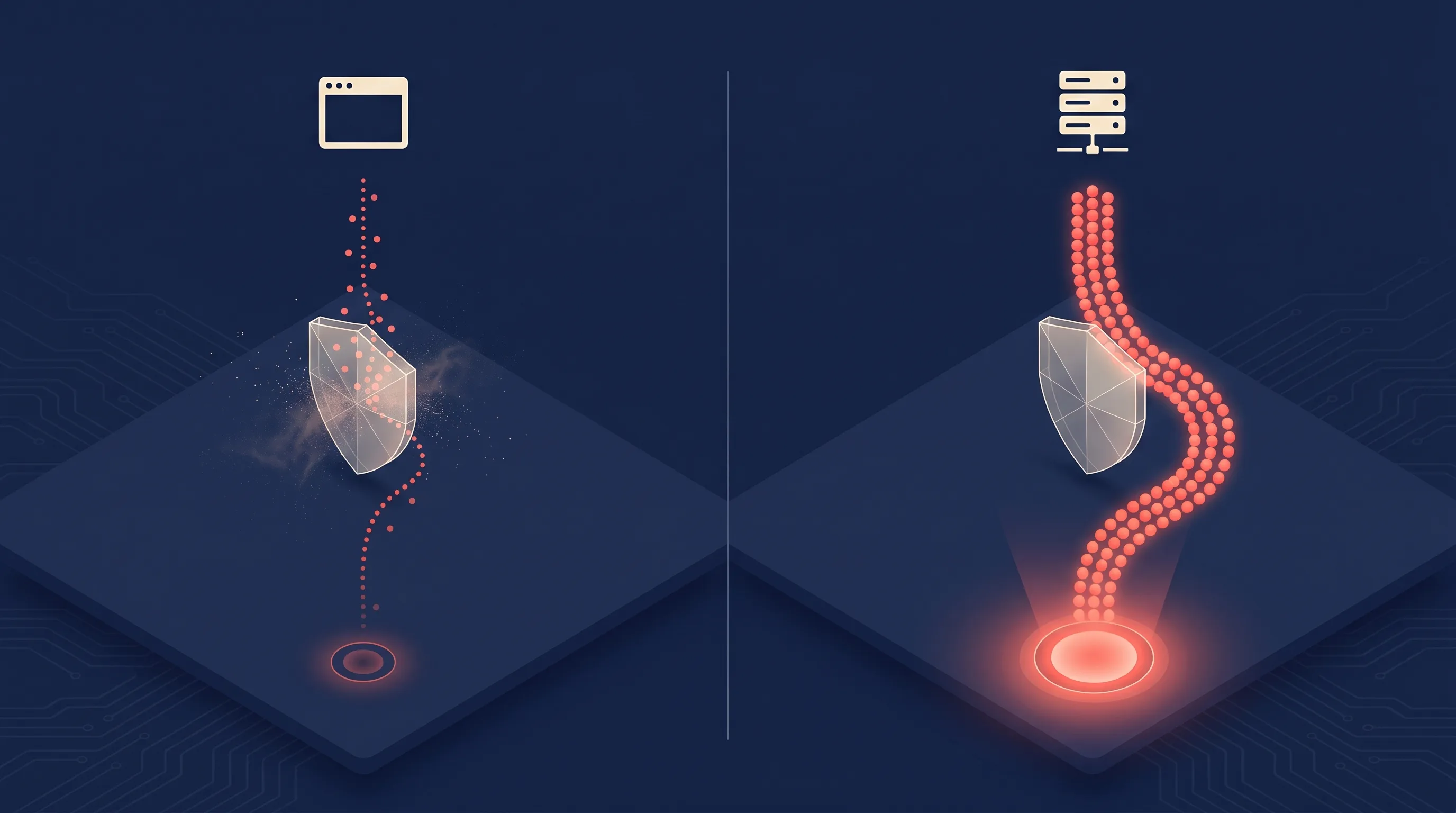 Side-by-side diagram comparing pixel-only tracking (left, particle stream shatters at the iOS barrier with only a faint signal reaching Meta) against server-side Conversions API tracking (right, stream flows around the same barrier and reaches Meta intact).
