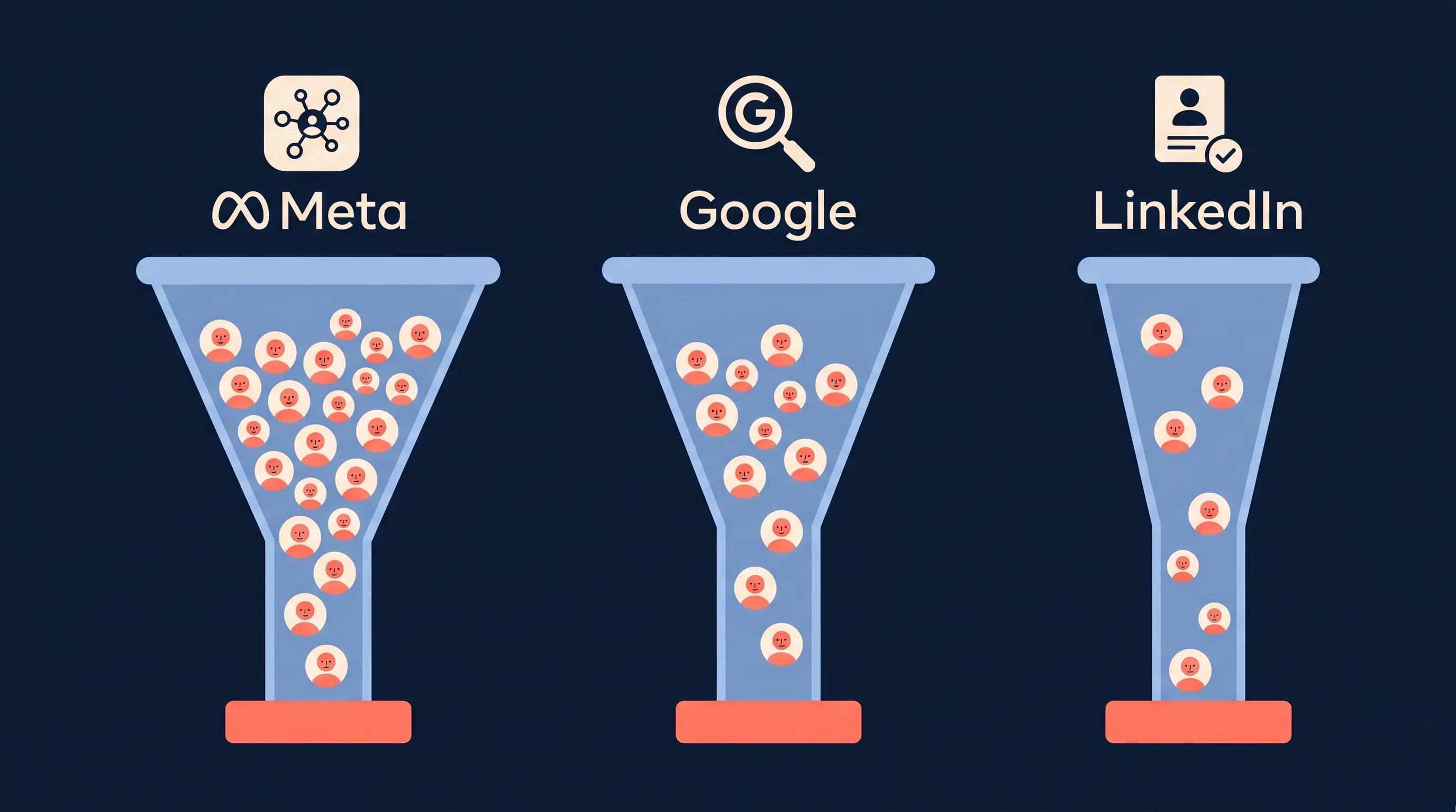 Three lead funnels side-by-side comparing Meta, Google, and LinkedIn lead forms — Meta widest with highest volume of leads, Google middle-ground, LinkedIn narrowest with the highest-intent professional audience