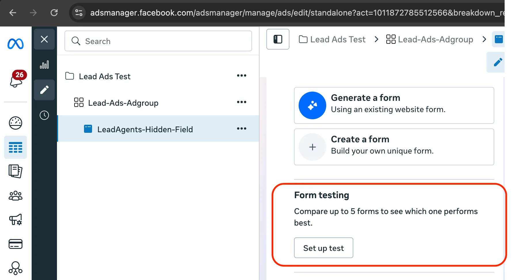 Form testing entry point at the ad level in Meta Ads Manager Meta’s Form testing entry point in Ads Manager, with the Set up test button highlighted