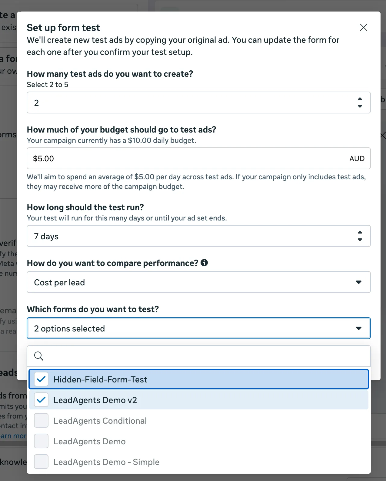 Set up form test modal in Meta Ads Manager The Set up form test modal with options for number of test ads, budget split, duration, comparison metric, and forms to test